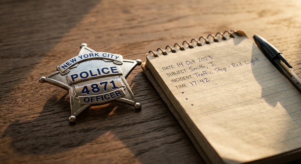 Alberta police badge and notepad on a desk surface