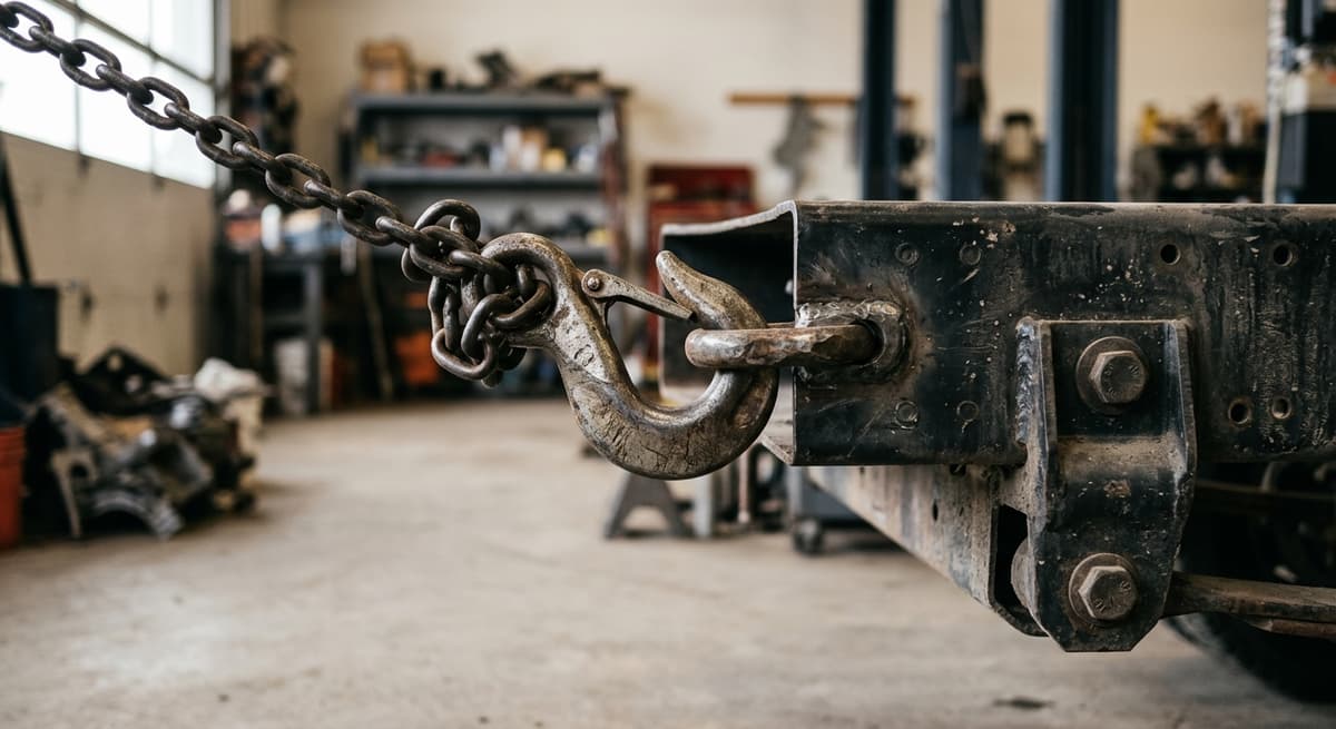 Mississippi tow truck hook and chain attached to a vehicle frame