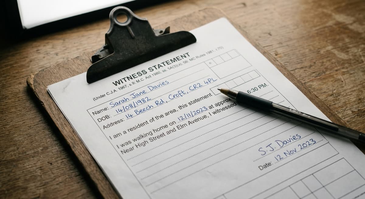 Nova Scotia witness statement form on a clipboard with a pen