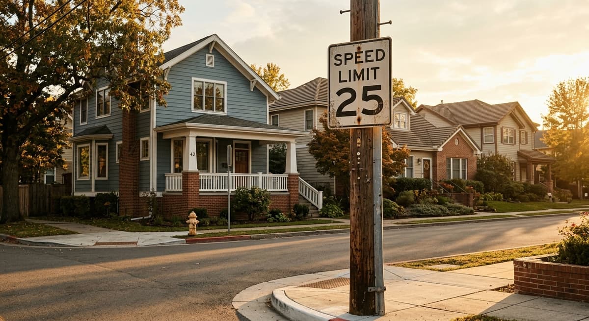 Ontario street corner with a speed limit sign and residential houses