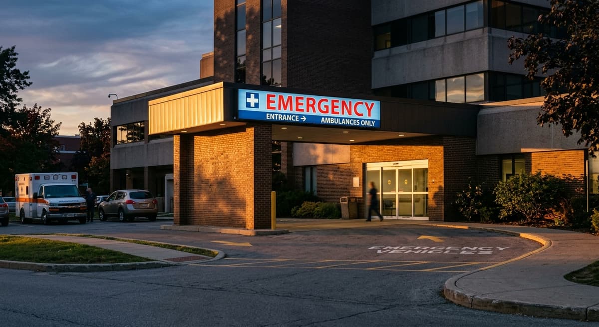 Alabama hospital emergency entrance sign illuminated at twilight
