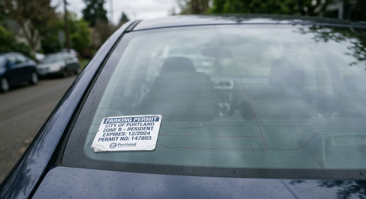 Virginia rear window of a vehicle with a parking permit sticker visible