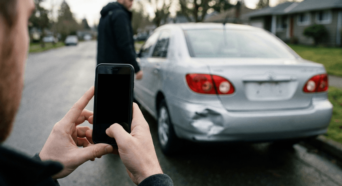 Hands holding a phone to photograph a dented rear corner of a silver sedan parked on a residential street