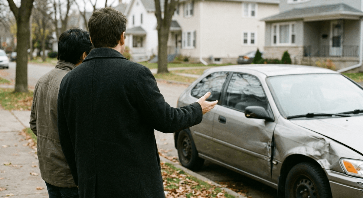 Two people on a residential street, one gesturing toward the dented front fender of a parked silver sedan
