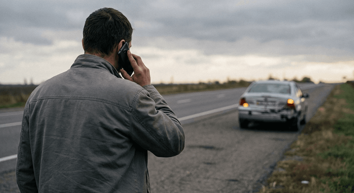 Driver on a road shoulder calling on a phone, a silver sedan with a crumpled rear corner and hazard lights behind