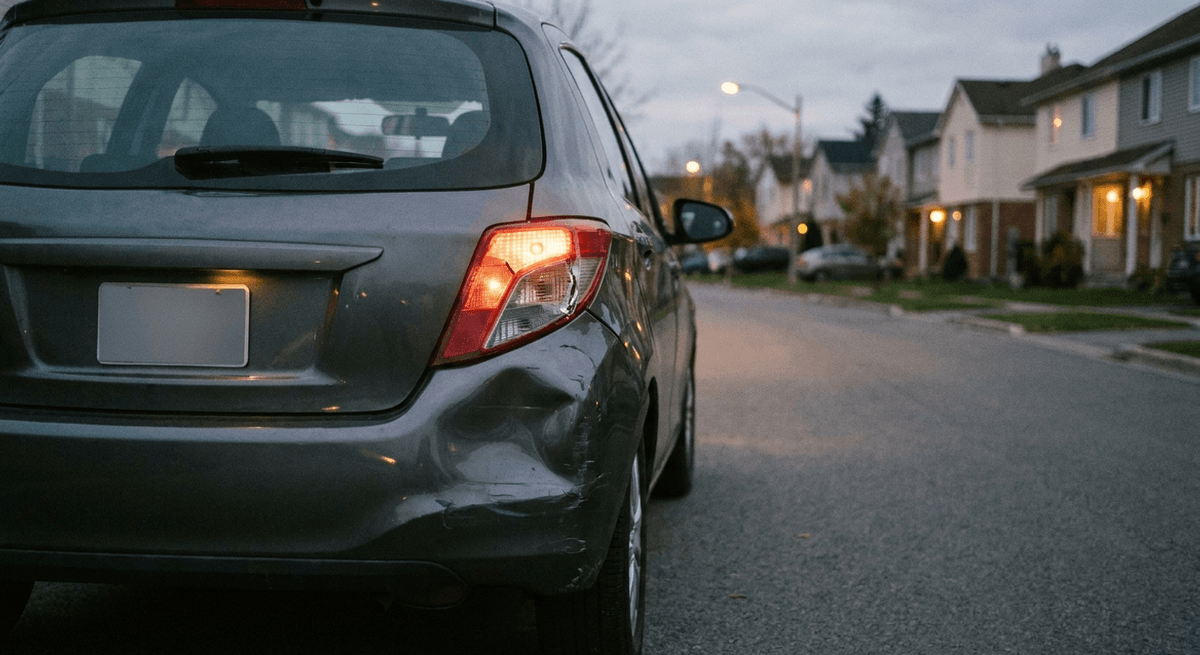Dented rear corner and cracked taillight of a grey hatchback on a residential street at dusk