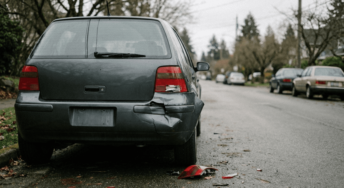 the rear of a parked dark grey hatchback with a crumpled bumper and broken tail light on a quiet street