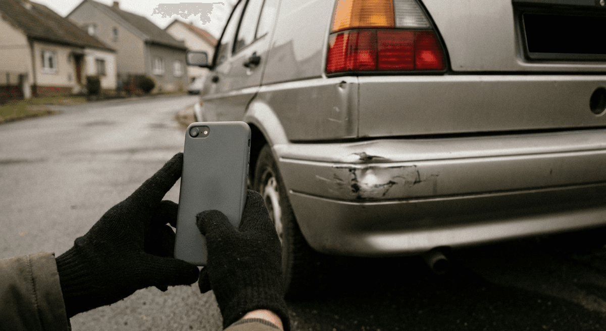 Gloved hands holding a phone to photograph a dented rear bumper of a silver hatchback