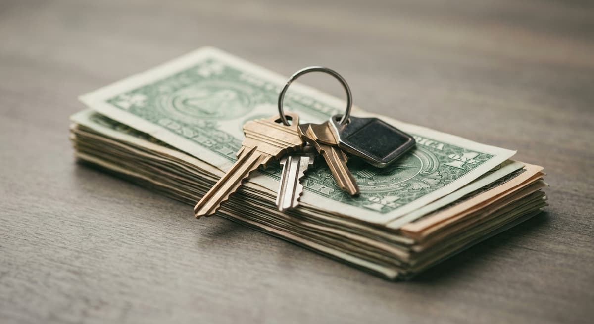 a set of apartment keys on a stack of cash, no people