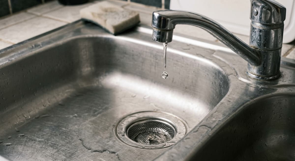 a leaking faucet dripping into a kitchen sink, close up, no people