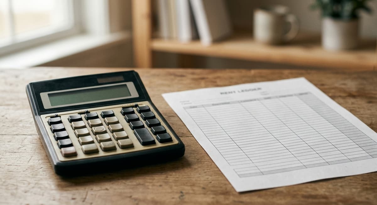 a calculator and a printed rent ledger on a desk, no people