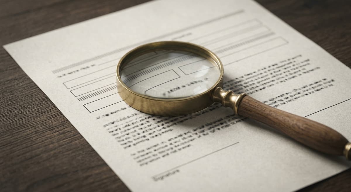 a magnifying glass resting on a printed lease document on a desk