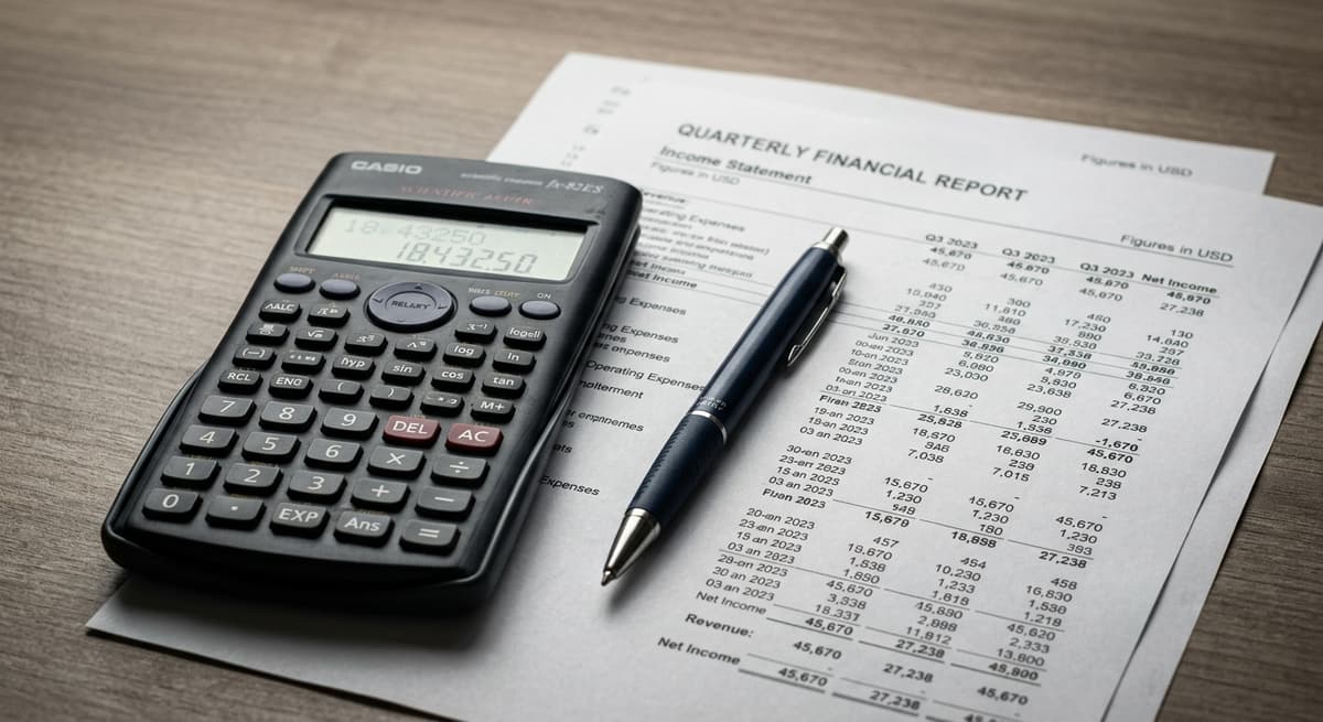 United States calculator next to a pen on printed financial documents on a clean desk