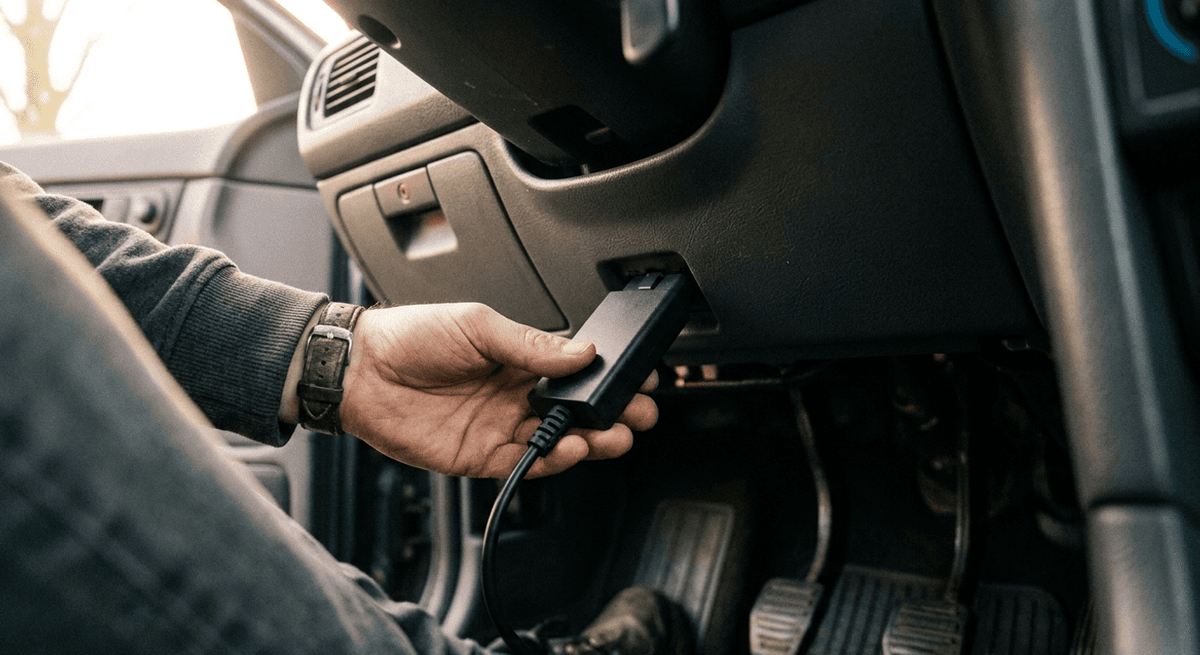 A hand plugging a plain black diagnostic adapter into the port under a car's steering column