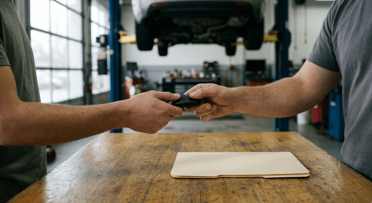 Hands exchanging a car key fob across a repair shop counter with a closed folder on it