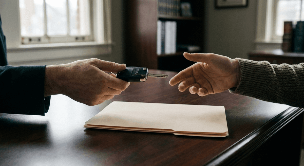 Hand sliding a car key across a wooden desk toward another hand, with a closed folder between them