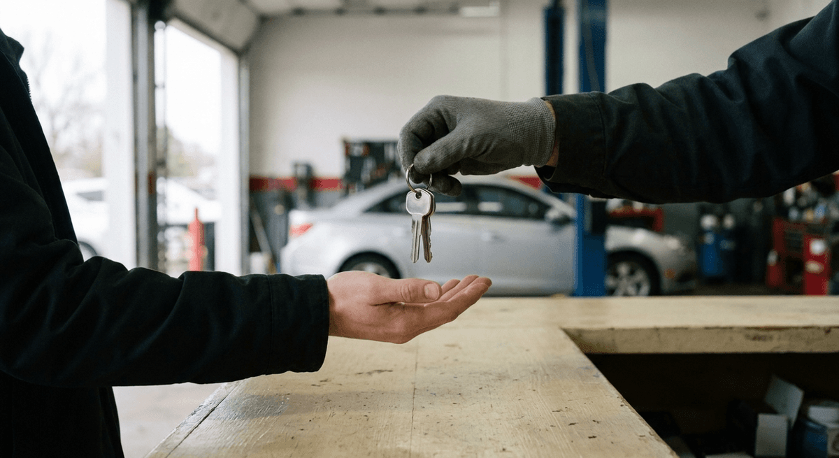a mechanic in a work glove holding out a set of car keys to a customer's open palm over a service counter