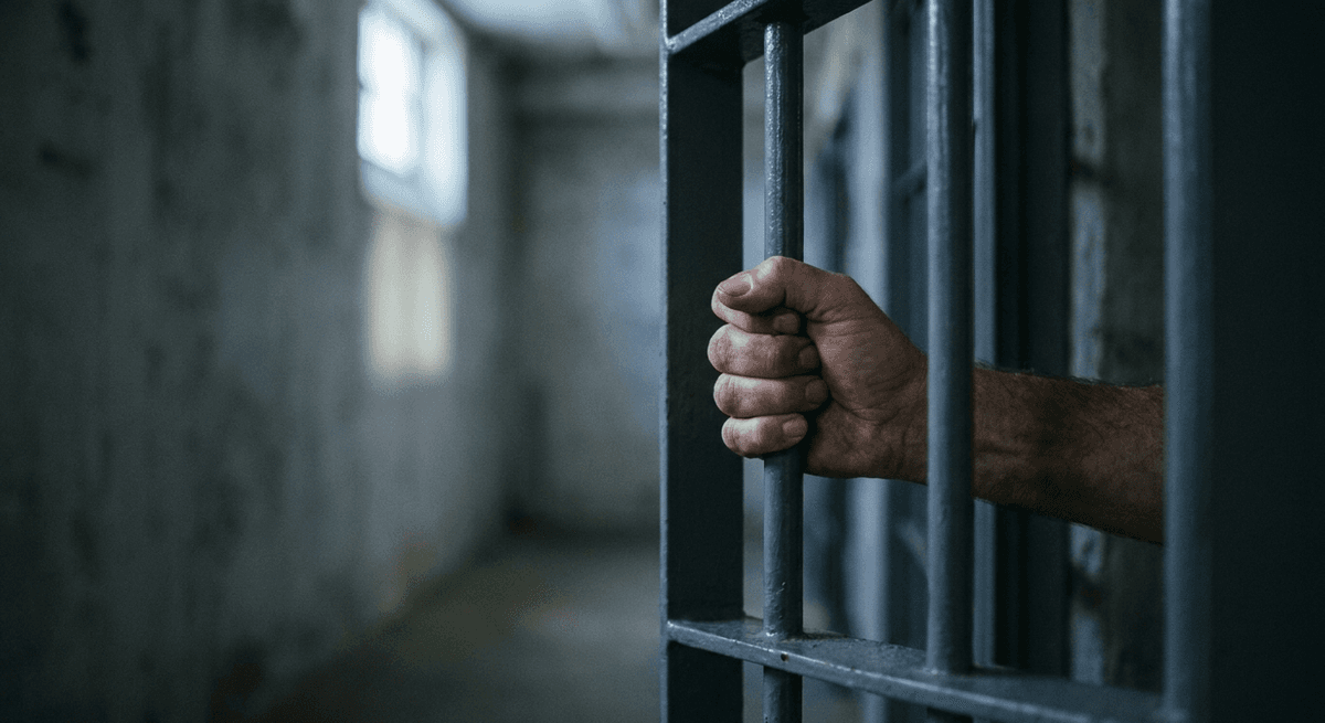 Hand gripping a steel bar of a jail cell door with a dim concrete corridor behind