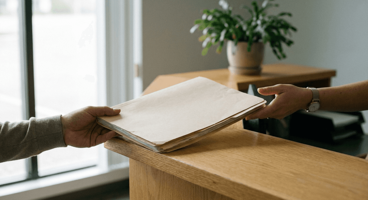 A closed plain manila folder handed across a reception counter between two hands