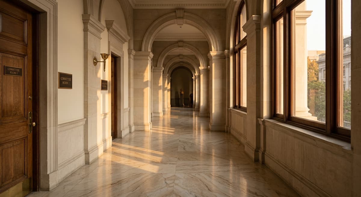 murder: official government building hallway with marble floors