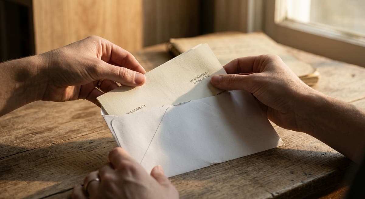 murder: hands placing a document into a white envelope