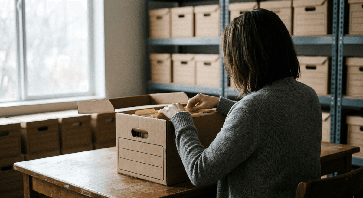 Researcher seen from behind paging through a cardboard archive box of case folders