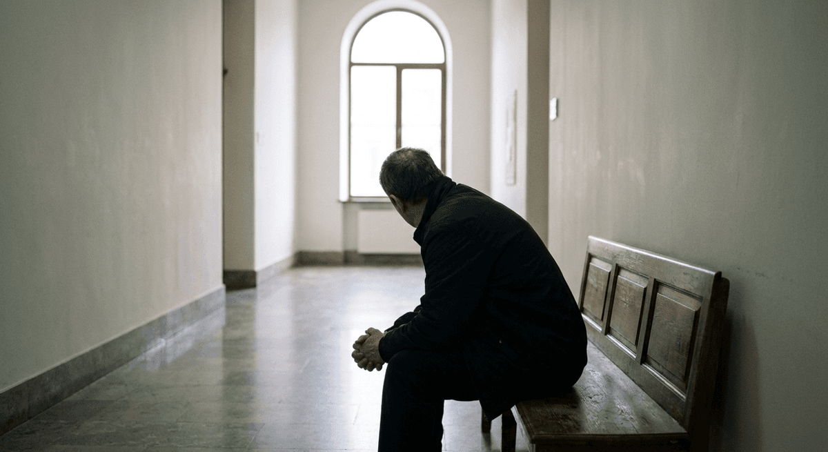 Person seen from behind sitting alone on a wooden bench in a courthouse hallway