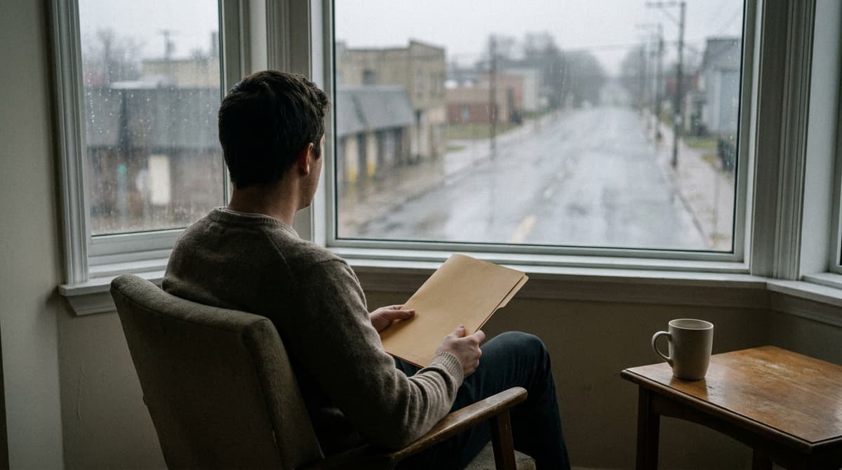 A person seen from behind sits in an armchair at a window holding a closed folder, a mug on a side table