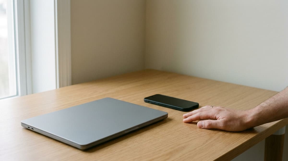 A closed laptop and a black smartphone on a wooden desk with a hand resting beside them
