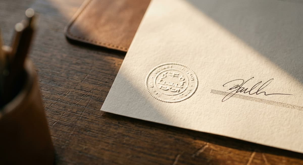 a single page bearing an embossed notary seal and a signature, close view on a desk
