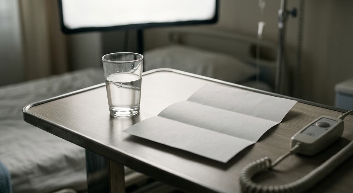 a hospital bedside table with a glass of water and a folded document in soft light