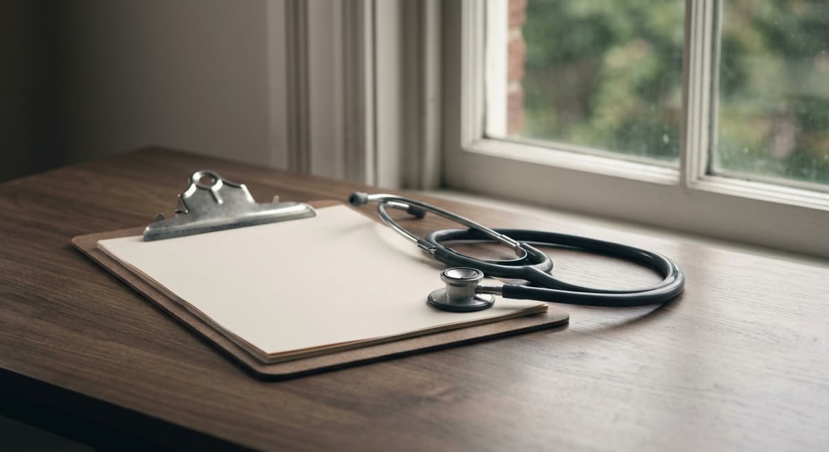 a physicians clipboard and a stethoscope resting on a desk near a window