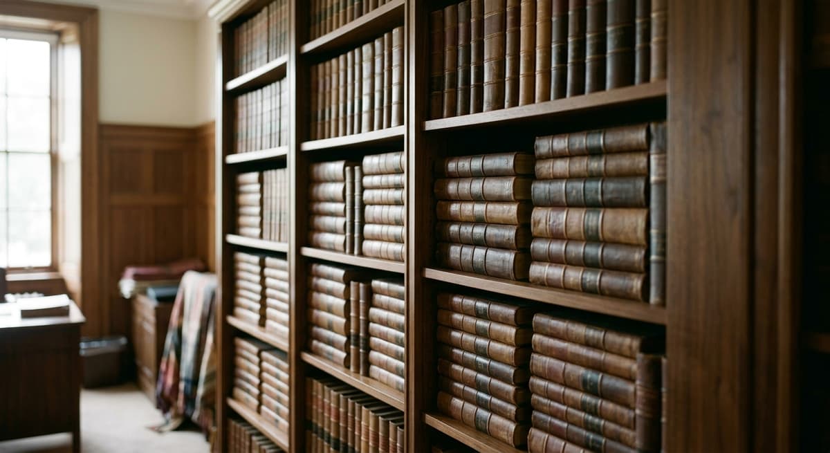 walnut bookshelf with leather-bound legal volumes representing German criminal law