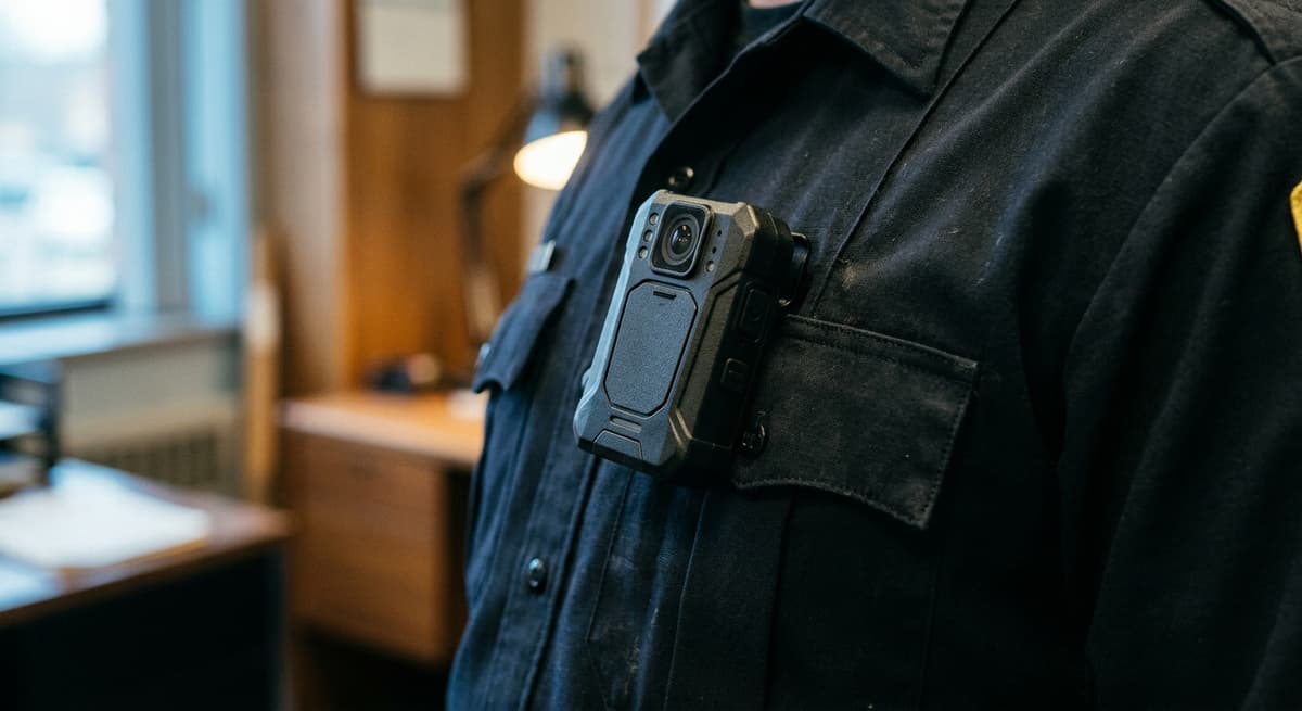 New Jersey body-worn camera clipped to the chest of a dark uniform shirt