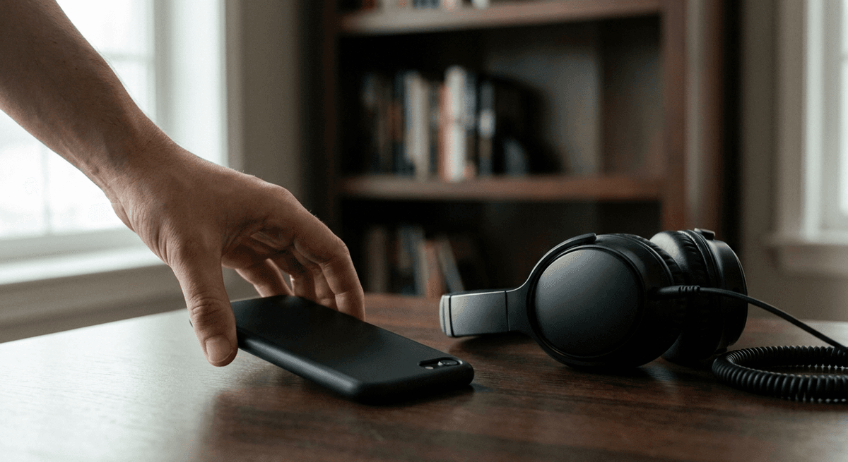A hand sets a smartphone face down on a dark wooden table beside matte black over-ear headphones