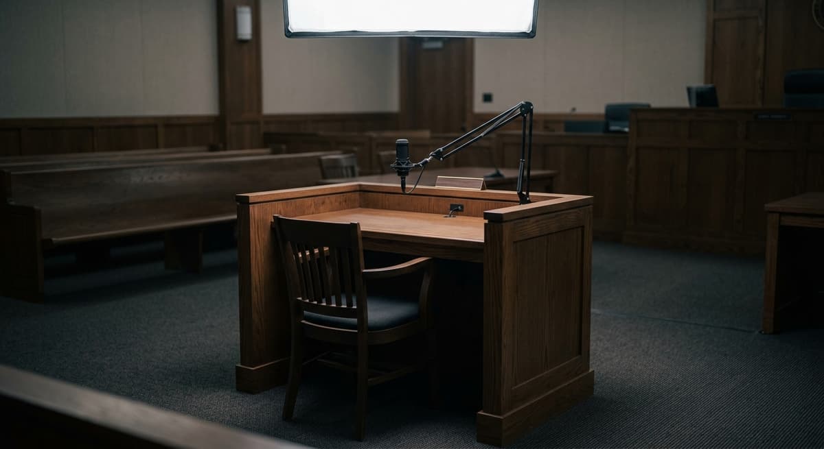 World empty courtroom witness stand with a small condenser microphone on an adjustable