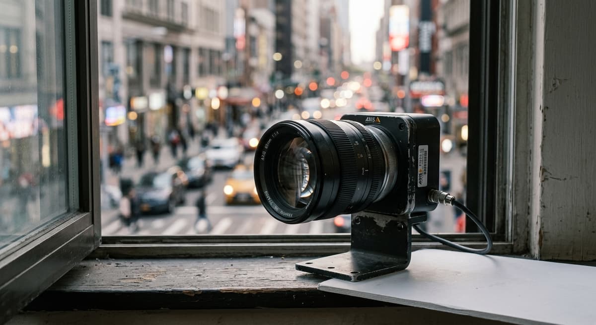 Wyoming surveillance camera lens in sharp focus with a blurred urban streetscape behind