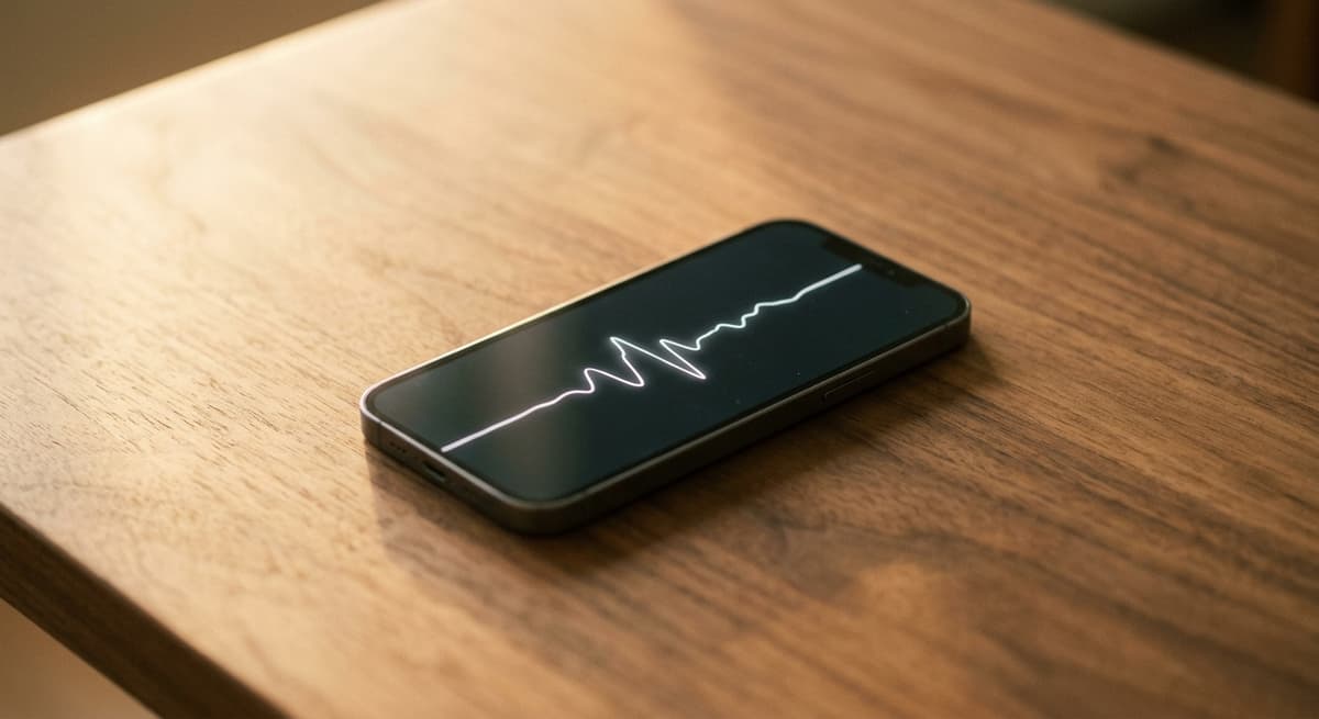 Wyoming smartphone showing a clean audio waveform on a wooden surface