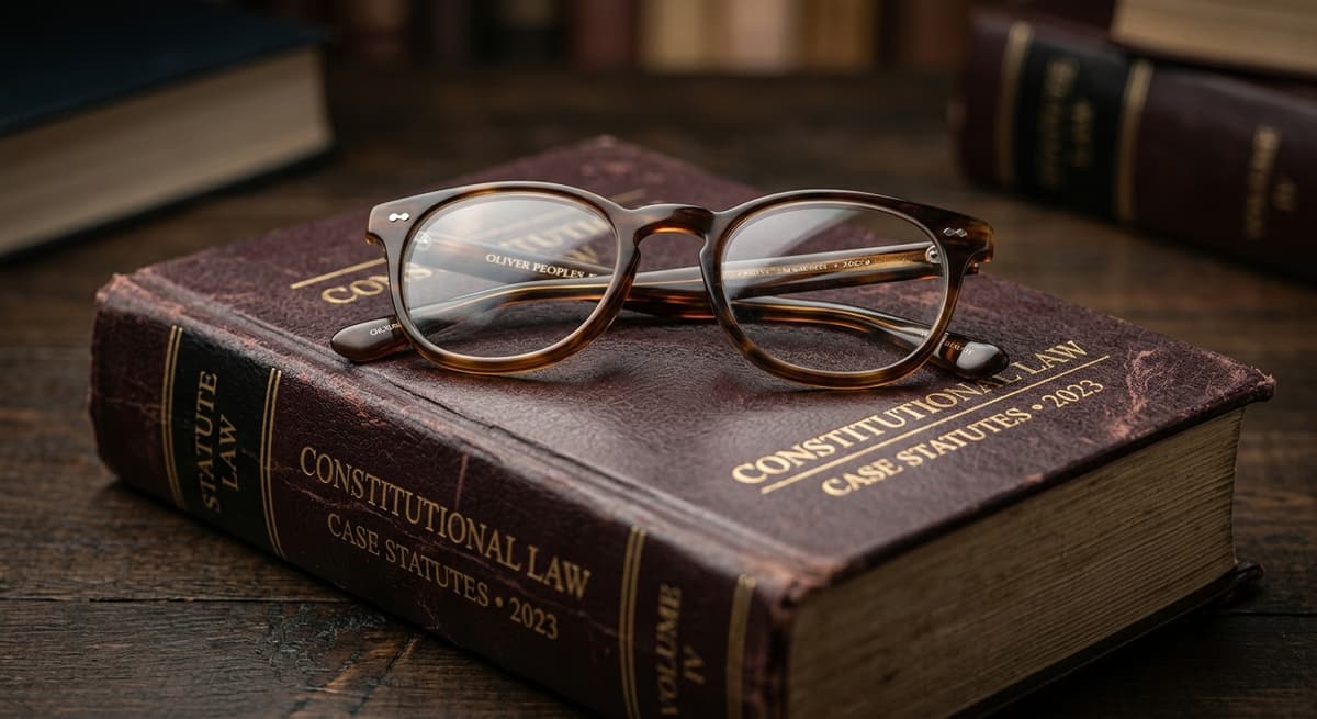 World pair of reading glasses folded on top of a closed legal statute book