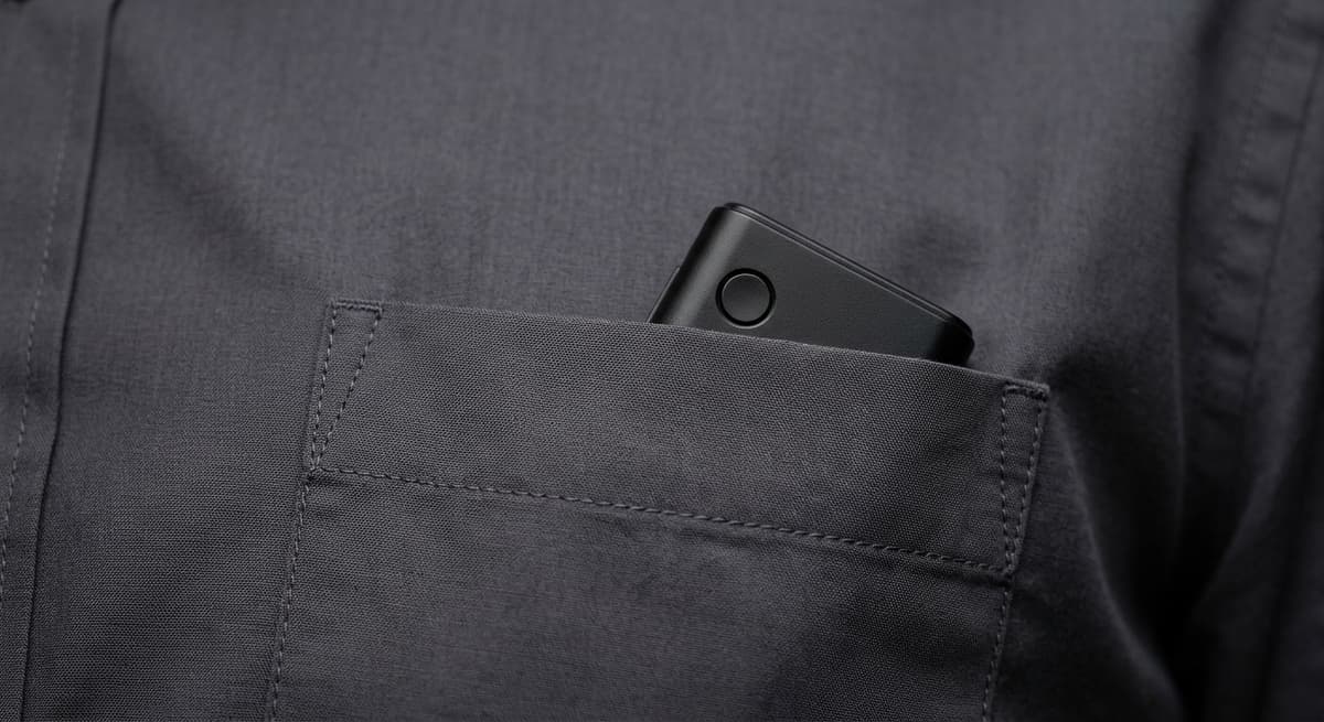 World hand-held digital recorder in a shirt breast pocket, only the top edge visible