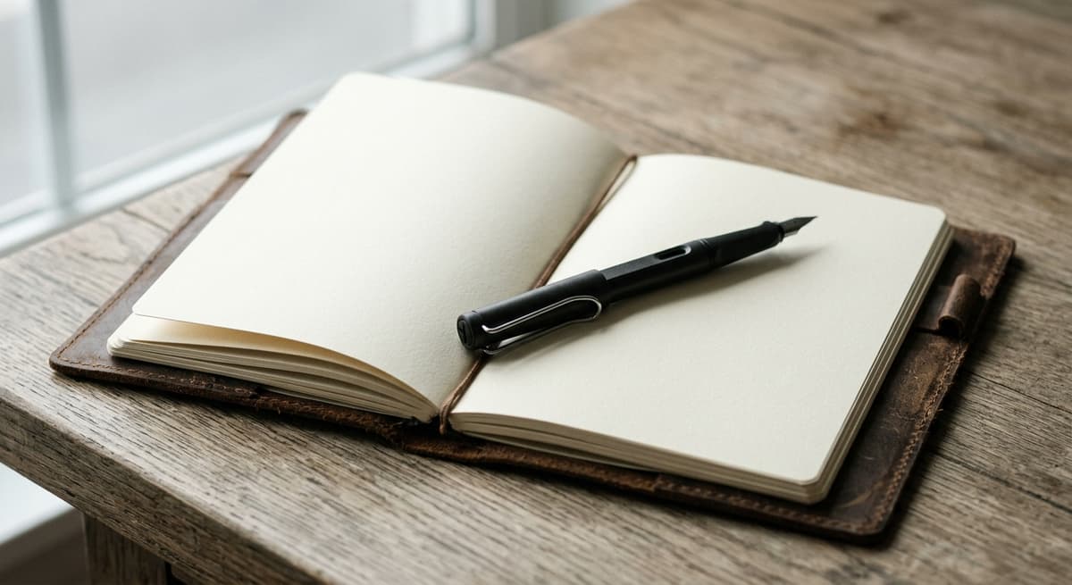 World pen resting across an open leather-bound notebook with blank cream pages