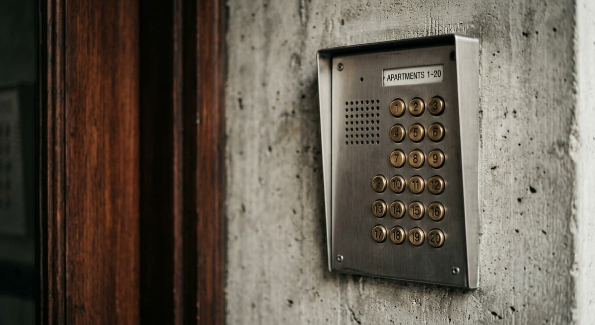 World intercom panel with numbered buttons mounted on an apartment building entrance