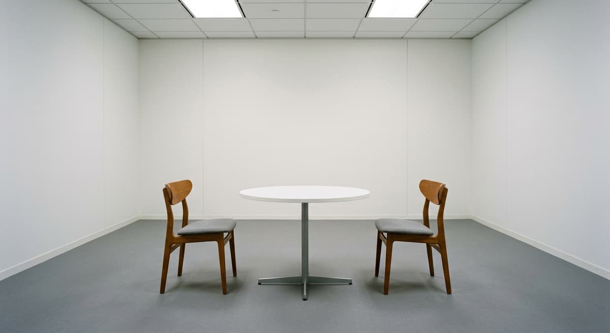World two chairs facing each other across a small round table in an office meeting room setting
