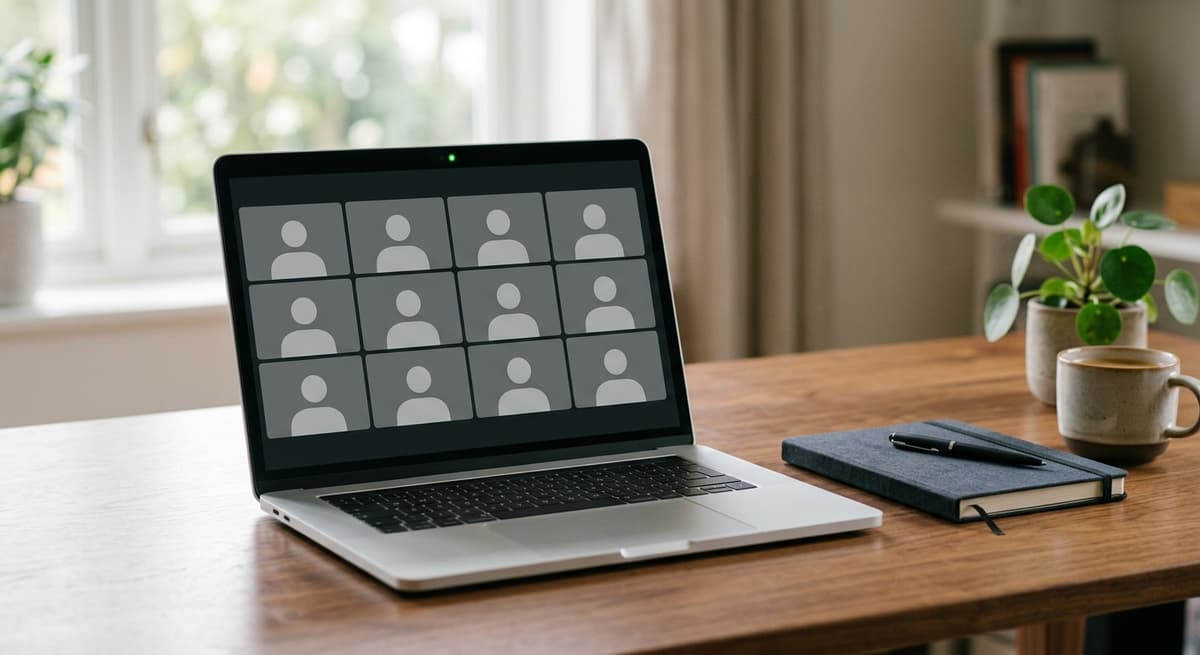 World laptop screen showing a simple video call grid with placeholder silhouettes, cam