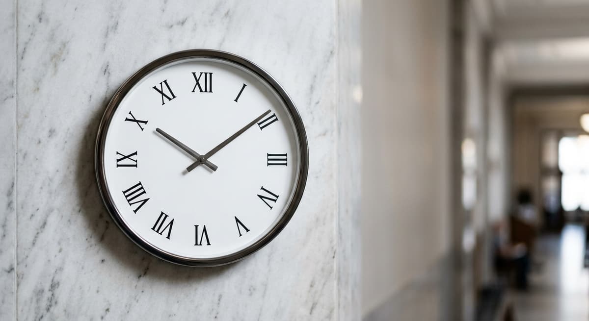 World wall-mounted analog clock in a courthouse hallway with marble floors