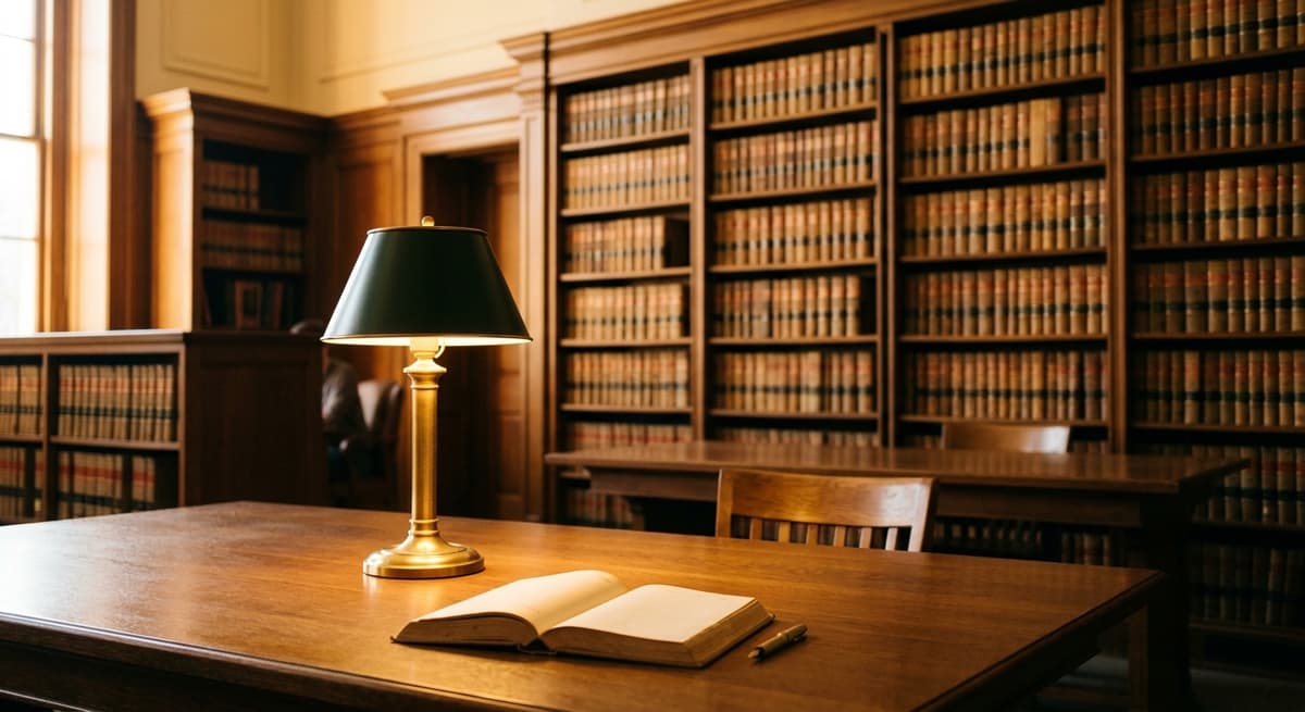 Utah law library reading room with brass lamp and books in soft focus
