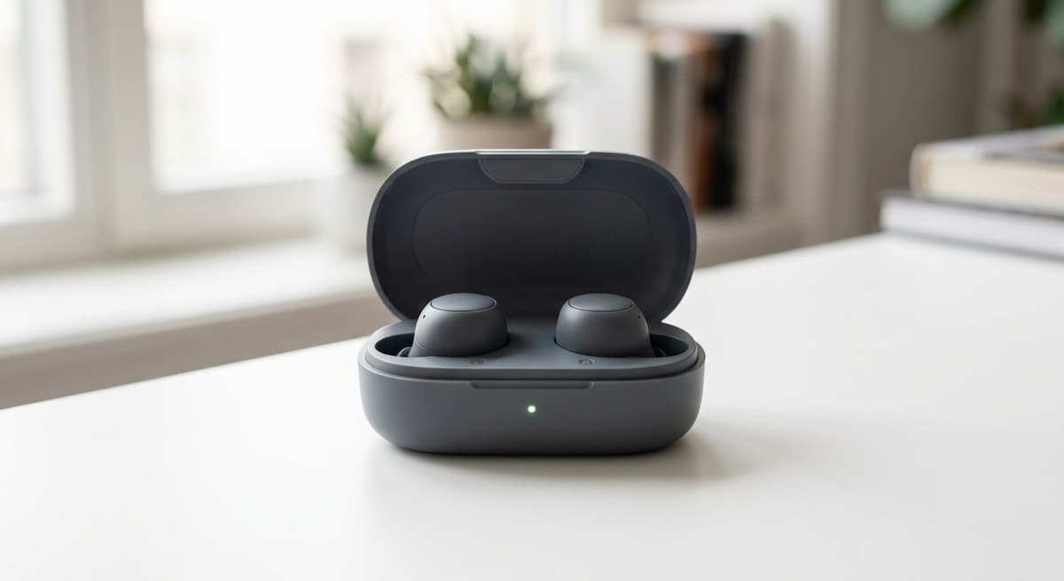 wireless earbuds in their open charging case on a white desk