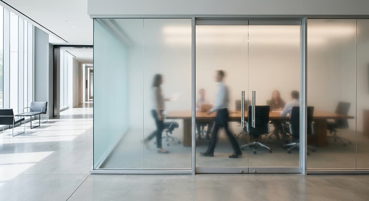 glass-walled conference room with figures behind translucent doors
