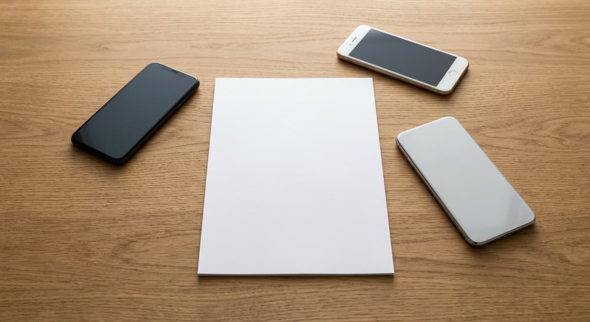 Kansas three smartphones around a blank document on a wooden desk