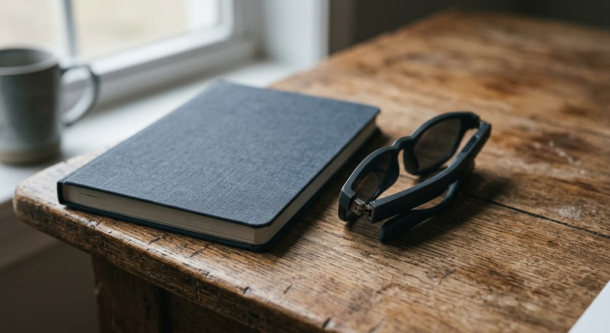 Wisconsin a folded pair of smart glasses resting on a wooden desk beside a closed notebook